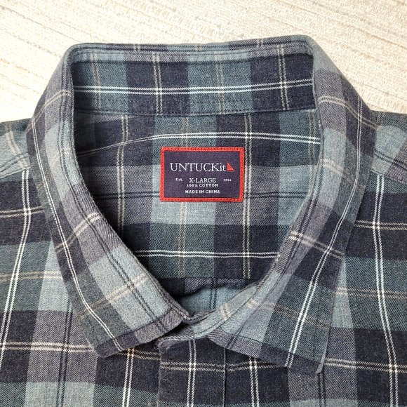 Untuckit Men’s XL Flannel Shirt Blue Gray Plaid Long Sleeve Button Up Cotton D6 - Picture 3 of 8